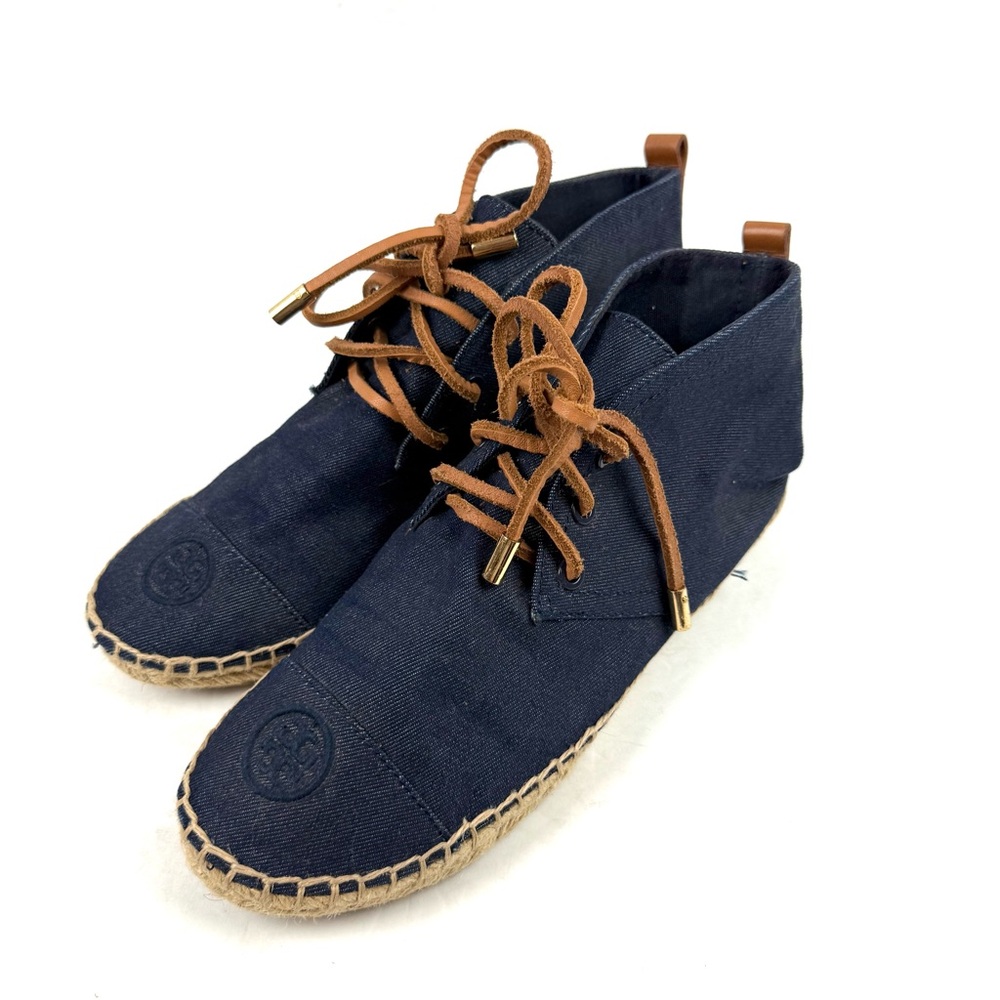 Tory‎ Burch High Top Denim Espadrille Shoes 8 Lace Up Bootie Womens Designer